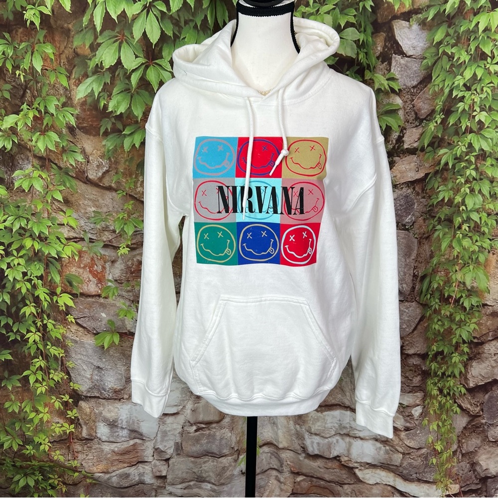 NIRVANA White Hooded Pop Art 90s Inspired Graphic French Terry Sweatshirt, XS - Picture 3 of 10